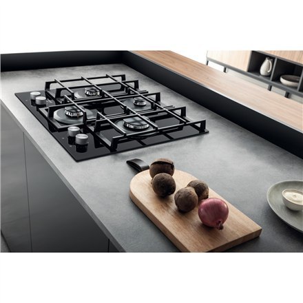 Hotpoint | HAGS 61F/BK | Hob | Gas on glass | Number of burners/cooking zones 4 | Rotary knobs | Black Hotpoint | HAGS 61F/BK | Hob | Gas on glass | Number of burners/cooking zones 4 | Rotary knobs | Black