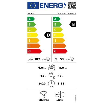 INDESIT | BDE 86435 9EWS EU | Washing machine with Dryer | Energy efficiency class D | Front loading | Washing capacity 8 kg | 1 INDESIT | BDE 86435 9EWS EU | Washing machine with Dryer | Energy efficiency class D | Front loading | Washing capacity 8 kg | 1