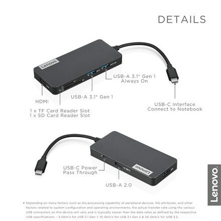 Lenovo | USB-C 7-in-1 Hub | USB Hub | USB 3.0 (3.1 Gen 1) ports quantity 2 | USB 2.0 ports quantity 1 | HDMI ports quantity 1 Lenovo | USB-C 7-in-1 Hub | USB Hub | USB 3.0 (3.1 Gen 1) ports quantity 2 | USB 2.0 ports quantity 1 | HDMI ports quantity 1