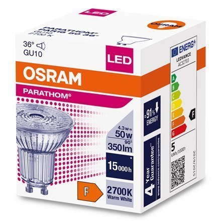 Odbłyśnik Osram Parathom LED 50 bez przyciemnienia 36° 4,3W/827 Żarówka GU10 Odbłyśnik Osram Parathom LED 50 bez przyciemnienia 36° 4,3W/827 Żarówka GU10