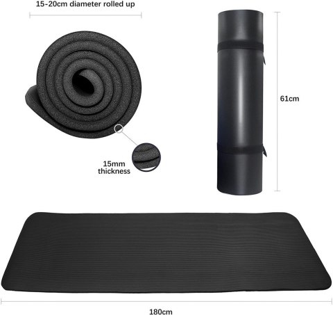 PROIRON Exercise Mat Black, Rubber Foam, 180 x 61 x 1.5 cm; Rolled up diameter: 15-20 cm PROIRON Exercise Mat Black, Rubber Foam, 180 x 61 x 1.5 cm; Rolled up diameter: 15-20 cm