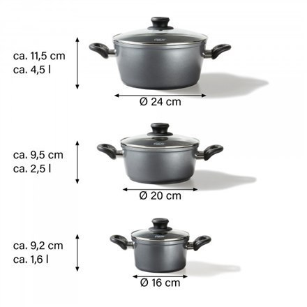 Stoneline | Yes | 3-pcs Pot Set with glass lids | 6932 | 1.5+2.5+4.5 L | 16/20/24 cm | Aluminium | Anthracite | Lid included Stoneline | Yes | 3-pcs Pot Set with glass lids | 6932 | 1.5+2.5+4.5 L | 16/20/24 cm | Aluminium | Anthracite | Lid included