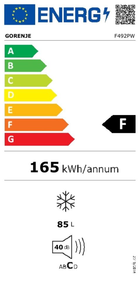 Gorenje | Zamrażarka | F492PW | Klasa efektywności energetycznej F | Wolnostojąca | Wysokość 84,5 cm | Pojemność całkowita netto Gorenje | Zamrażarka | F492PW | Klasa efektywności energetycznej F | Wolnostojąca | Wysokość 84,5 cm | Pojemność całkowita netto