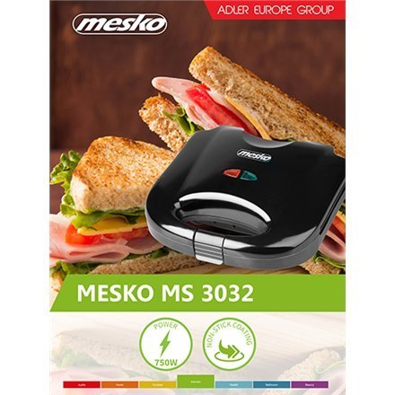 Mesko | MS 3032 | Opiekacz do kanapek | 750 W | Liczba talerzy 1 | Liczba ciastek 2 | Czarny Mesko | MS 3032 | Opiekacz do kanapek | 750 W | Liczba talerzy 1 | Liczba ciastek 2 | Czarny