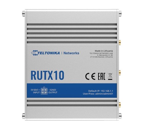 Router przemysłowy | RUTX10 | 802.11ac | 867 Mbit/s | 10/100/1000 Mbit/s | Porty Ethernet LAN (RJ-45) 4 | Obsługa sieci mesh Nie Router przemysłowy | RUTX10 | 802.11ac | 867 Mbit/s | 10/100/1000 Mbit/s | Porty Ethernet LAN (RJ-45) 4 | Obsługa sieci mesh Nie