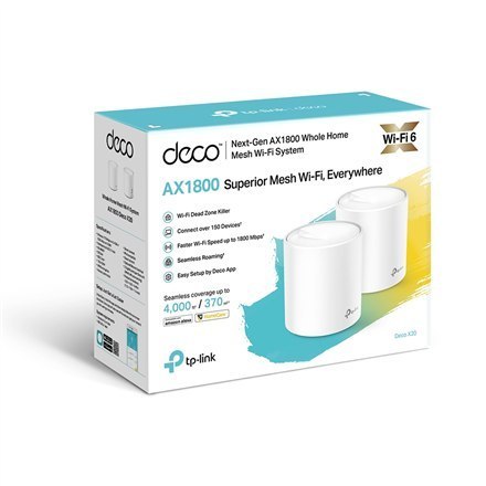 TP-LINK | AX1800 Whole Home Mesh Wi-Fi 6 System | Deco X20 (2-pack) | 802.11ax | 1201+574 Mbit/s | 10/100/1000 Mbit/s | Ethernet TP-LINK | AX1800 Whole Home Mesh Wi-Fi 6 System | Deco X20 (2-pack) | 802.11ax | 1201+574 Mbit/s | 10/100/1000 Mbit/s | Ethernet