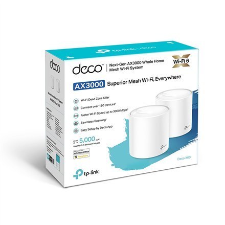 TP-LINK | AX3000 Whole Home Mesh Wi-Fi 6 System | Deco X60 (2-pack) | 802.11ax | 2402+574 Mbit/s | 10/100/1000 Mbit/s | Ethernet TP-LINK | AX3000 Whole Home Mesh Wi-Fi 6 System | Deco X60 (2-pack) | 802.11ax | 2402+574 Mbit/s | 10/100/1000 Mbit/s | Ethernet