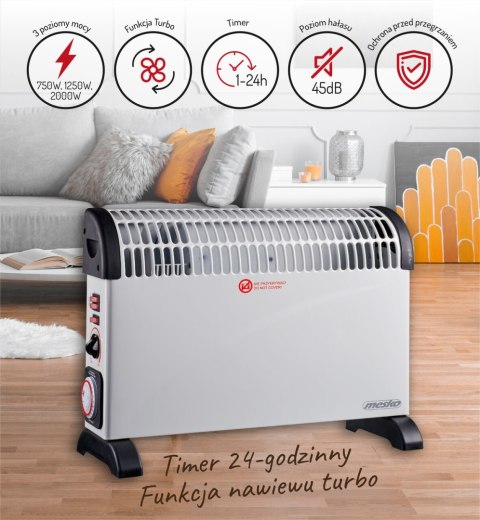 Grzejnik konwektorowy Mesko MS 7741w elektryczny Timer Turbo nawiew termostat 45dB 2000W Grzejnik konwektorowy Mesko MS 7741w elektryczny Timer Turbo nawiew termostat 45dB 2000W