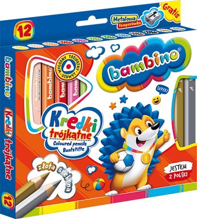 Kredki BAMBINO trójkątne w oprawie drewnianej 12 kolorów + temperówka ZWIERZAKI UCZNIAKI Kredki BAMBINO trójkątne w oprawie drewnianej 12 kolorów + temperówka ZWIERZAKI UCZNIAKI
