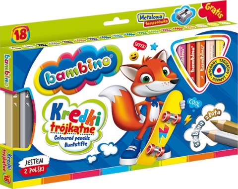 Kredki BAMBINO trójkątne w oprawie drewnianej 18 kolorów + temperówka ZWIERZAKI UCZNIAKI Kredki BAMBINO trójkątne w oprawie drewnianej 18 kolorów + temperówka ZWIERZAKI UCZNIAKI