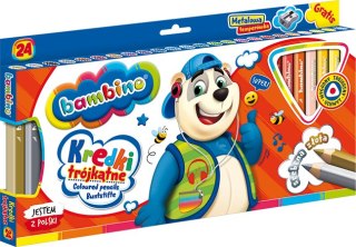 Kredki BAMBINO trójkątne w oprawie drewnianej 24 kolory + temperówka ZWIERZAKI UCZNIAKI