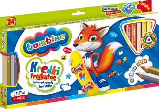 Kredki BAMBINO trójkątne w oprawie drewnianej 24 kolory + temperówka ZWIERZAKI UCZNIAKI