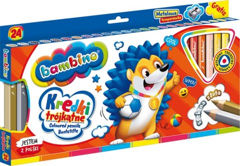 Kredki BAMBINO trójkątne w oprawie drewnianej 24 kolory + temperówka ZWIERZAKI UCZNIAKI Kredki BAMBINO trójkątne w oprawie drewnianej 24 kolory + temperówka ZWIERZAKI UCZNIAKI