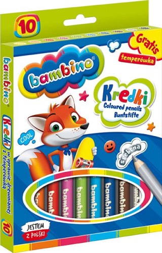 Kredki BAMBINO w oprawie drewnianej 10 kolorów + temperówka ZWIERZAKI UCZNIAKI