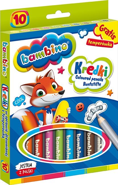 Kredki BAMBINO w oprawie drewnianej 10 kolorów + temperówka ZWIERZAKI UCZNIAKI Kredki BAMBINO w oprawie drewnianej 10 kolorów + temperówka ZWIERZAKI UCZNIAKI