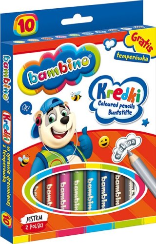 Kredki BAMBINO w oprawie drewnianej 10 kolorów + temperówka ZWIERZAKI UCZNIAKI
