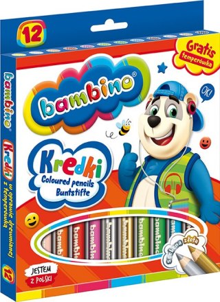 Kredki BAMBINO w oprawie drewnianej 12 kolorów + temperówka ZWIERZAKI UCZNIAKI