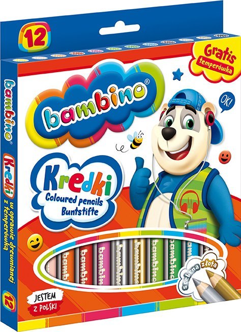 Kredki BAMBINO w oprawie drewnianej 12 kolorów + temperówka ZWIERZAKI UCZNIAKI Kredki BAMBINO w oprawie drewnianej 12 kolorów + temperówka ZWIERZAKI UCZNIAKI