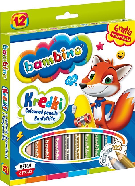 Kredki BAMBINO w oprawie drewnianej 12 kolorów + temperówka ZWIERZAKI UCZNIAKI Kredki BAMBINO w oprawie drewnianej 12 kolorów + temperówka ZWIERZAKI UCZNIAKI