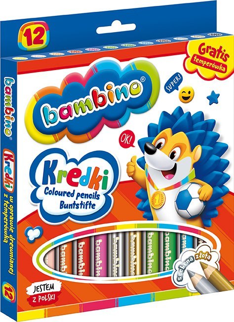 Kredki BAMBINO w oprawie drewnianej 12 kolorów + temperówka ZWIERZAKI UCZNIAKI Kredki BAMBINO w oprawie drewnianej 12 kolorów + temperówka ZWIERZAKI UCZNIAKI