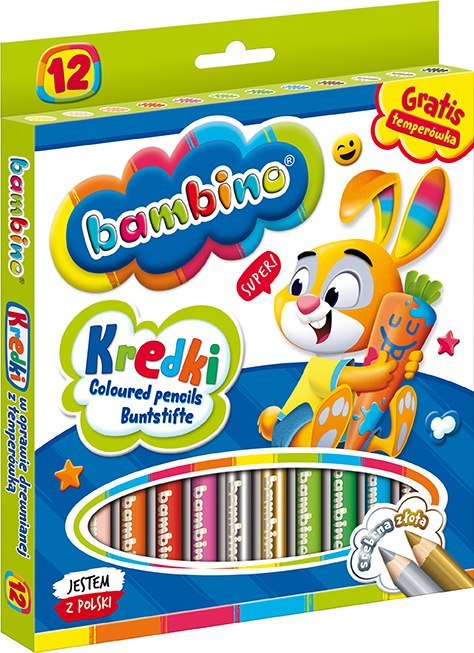 Kredki BAMBINO w oprawie drewnianej 12 kolorów + temperówka ZWIERZAKI UCZNIAKI Kredki BAMBINO w oprawie drewnianej 12 kolorów + temperówka ZWIERZAKI UCZNIAKI