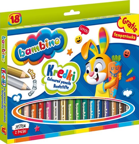 Kredki BAMBINO w oprawie drewnianej 18 kolorów + temperówka ZWIERZAKI UCZNIAKI Kredki BAMBINO w oprawie drewnianej 18 kolorów + temperówka ZWIERZAKI UCZNIAKI