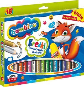 Kredki BAMBINO w oprawie drewnianej 18 kolorów + temperówka ZWIERZAKI UCZNIAKI