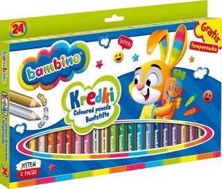 Kredki BAMBINO w oprawie drewnianej 24 kolory + temperówka ZWIERZAKI UCZNIAKI