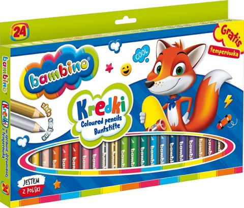 Kredki BAMBINO w oprawie drewnianej 24 kolory + temperówka ZWIERZAKI UCZNIAKI Kredki BAMBINO w oprawie drewnianej 24 kolory + temperówka ZWIERZAKI UCZNIAKI
