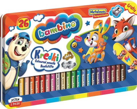 Kredki BAMBINO w oprawie drewnianej 26 kolorów metalowe pudełko + temperówka ZWIERZAKI UCZNIAKI Kredki BAMBINO w oprawie drewnianej 26 kolorów metalowe pudełko + temperówka ZWIERZAKI UCZNIAKI