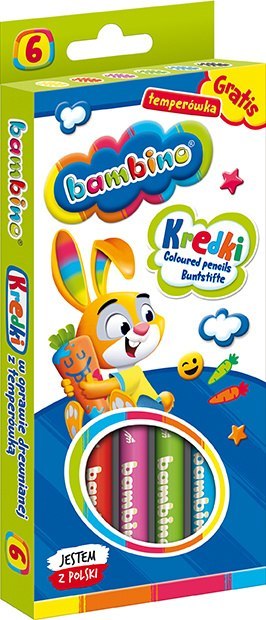 Kredki BAMBINO w oprawie drewnianej 6 kolorów + temperówka ZWIERZAKI UCZNIAKI