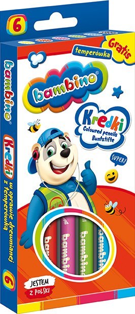Kredki BAMBINO w oprawie drewnianej 6 kolorów + temperówka ZWIERZAKI UCZNIAKI Kredki BAMBINO w oprawie drewnianej 6 kolorów + temperówka ZWIERZAKI UCZNIAKI