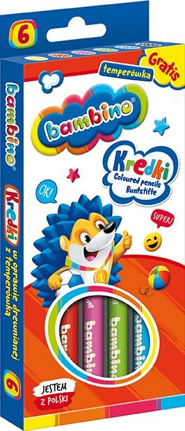 Kredki BAMBINO w oprawie drewnianej 6 kolorów + temperówka ZWIERZAKI UCZNIAKI Kredki BAMBINO w oprawie drewnianej 6 kolorów + temperówka ZWIERZAKI UCZNIAKI