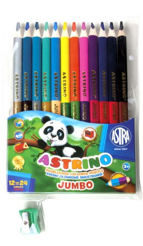 Kredki ołówkowe dwustronne trójkątne Jumbo 12=24 kolory ASTRINO +temperówka Kredki ołówkowe dwustronne trójkątne Jumbo 12=24 kolory ASTRINO +temperówka
