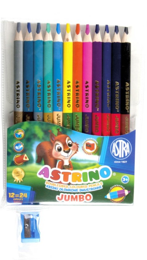 Kredki ołówkowe dwustronne trójkątne Jumbo 12=24 kolory ASTRINO +temperówka Kredki ołówkowe dwustronne trójkątne Jumbo 12=24 kolory ASTRINO +temperówka
