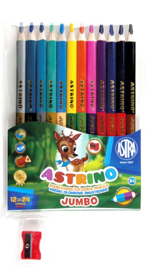 Kredki ołówkowe dwustronne trójkątne Jumbo 12=24 kolory ASTRINO +temperówka Kredki ołówkowe dwustronne trójkątne Jumbo 12=24 kolory ASTRINO +temperówka