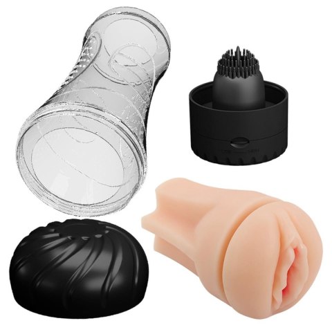 WIBRUJĄCY MASTURBATOR MĘSKI PRĄŻKOWANY Z WYPUSTKAMI SZTUCZNA CIPKA