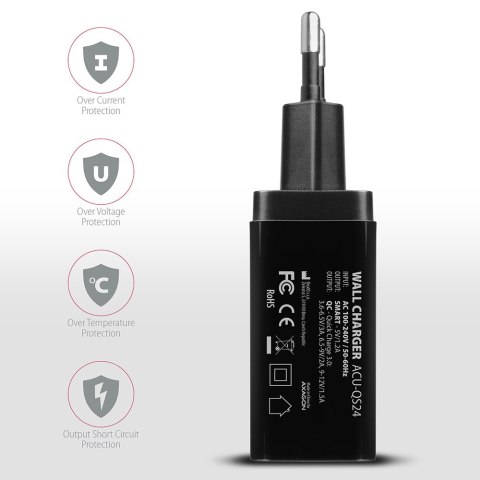 AXAGON Dual wallcharger 240V/2x USB port QC3.0/AFC/FCP and 5V-1.2A, 24W | ACU-QS24