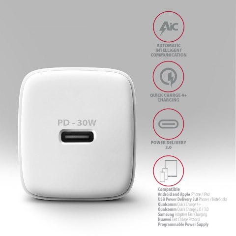 AXAGON Sil wallcharger 1x port USB-C, PD3.0 /PPS/QC4+/SFC/AFC/Apple, 30w | ACU-PD30W