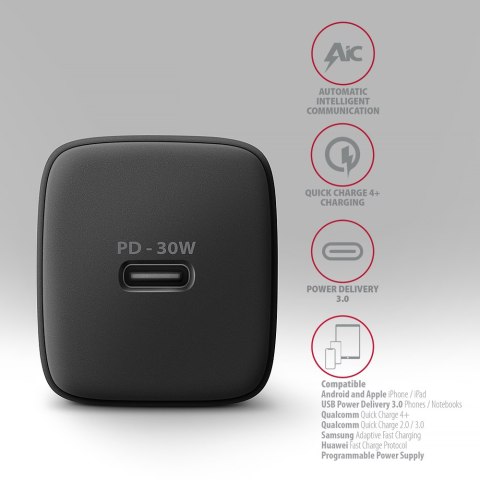 AXAGON Sil wallcharger 1x port USB-C, PD3.0/PPS/QC4+/SFC/AFC/Apple, 30W | ACU-PD30