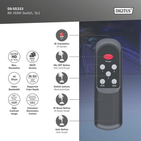 Digitus 8K HDMI Switch, 3x1 | DS-55333 | Black Digitus 8K HDMI Switch, 3x1 | DS-55333 | Black