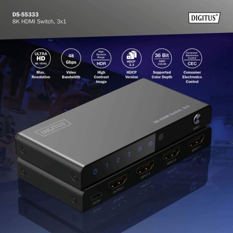 Digitus 8K HDMI Switch, 3x1 | DS-55333 | Black Digitus 8K HDMI Switch, 3x1 | DS-55333 | Black
