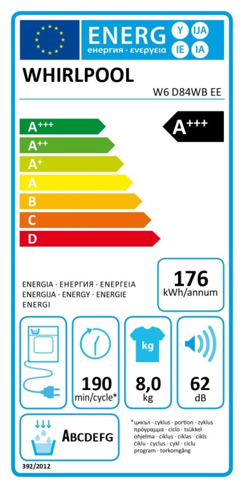 Whirlpool Dryer Machine with Heat Pump | W6 D84WB EE | Energy efficiency class A+++ | Front loading | 8 kg | LCD | Depth 65.6 cm Whirlpool Dryer Machine with Heat Pump | W6 D84WB EE | Energy efficiency class A+++ | Front loading | 8 kg | LCD | Depth 65.6 cm