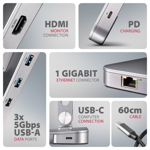 Podstawka AXAGON HMC-STND dla laptopów 10"-16" i huba USB 5Gbps, 3x USB-A, HDMI 4K/60Hz, RJ-45 | AXAGON