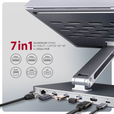 Podstawka AXAGON HMC-STND dla laptopów 10"-16" i huba USB 5Gbps, 3x USB-A, HDMI 4K/60Hz, RJ-45 | AXAGON