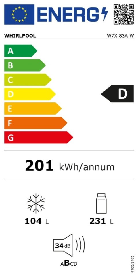 Lodówka Whirlpool | W7X 83A W | Klasa efektywności energetycznej D | Wolnostojąca | Kombi | Wysokość 191,2 cm | System No Frost Lodówka Whirlpool | W7X 83A W | Klasa efektywności energetycznej D | Wolnostojąca | Kombi | Wysokość 191,2 cm | System No Frost