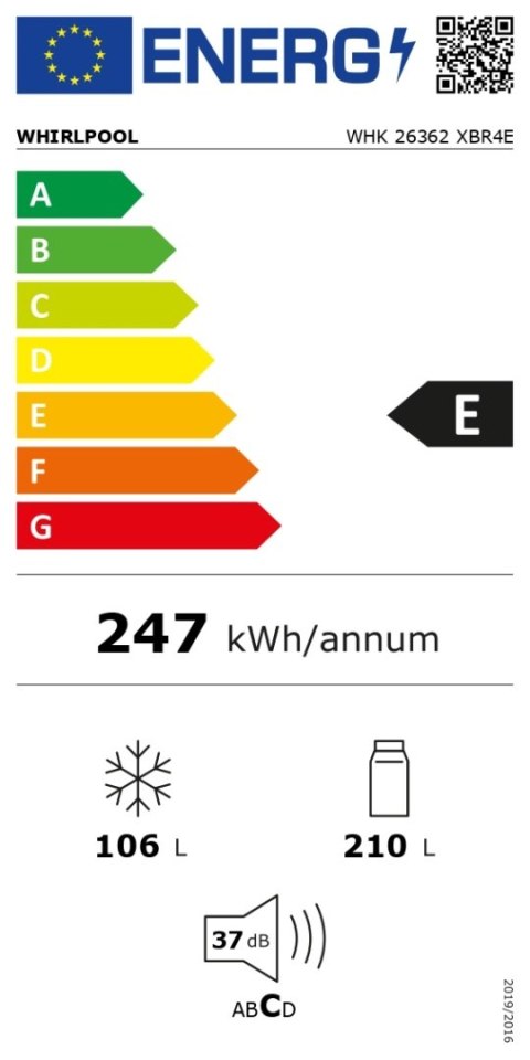 Lodówka Whirlpool | WHK 26362 XBR4E | Klasa efektywności energetycznej E | Wolnostojąca | Kombi | Wysokość 186,5 cm | System No Lodówka Whirlpool | WHK 26362 XBR4E | Klasa efektywności energetycznej E | Wolnostojąca | Kombi | Wysokość 186,5 cm | System No